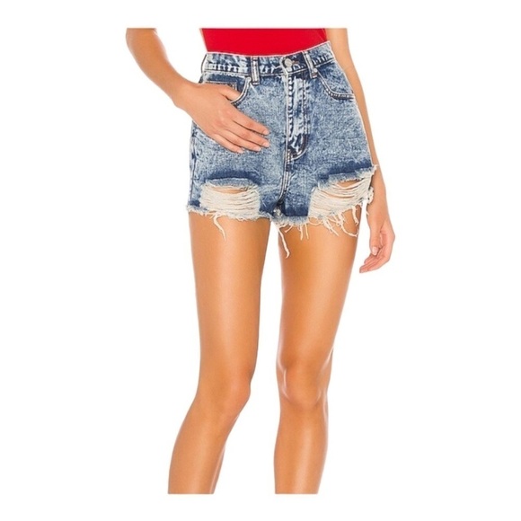 NEW Superdown Cutoff Jean Shorts Audrea Acid Blue Denim Destroyed Size 25 - Picture 1 of 8